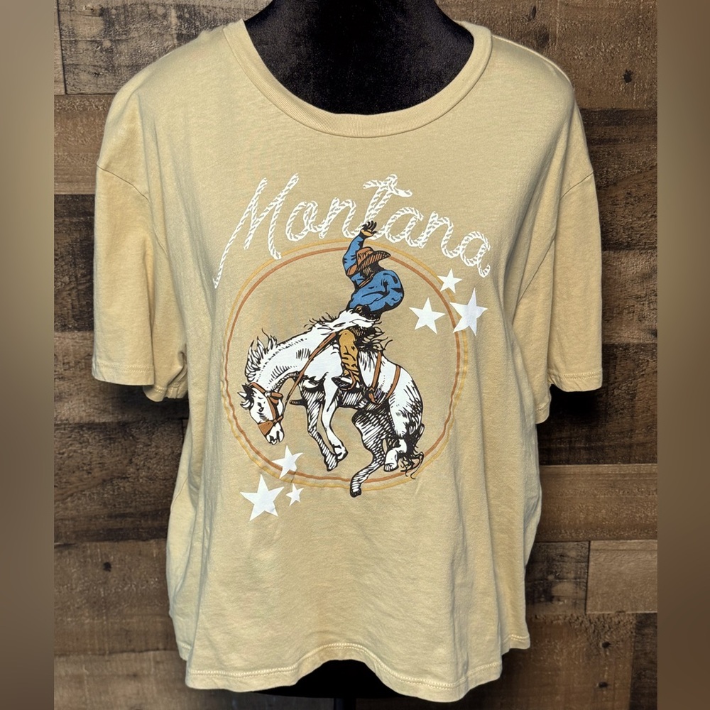 Rebellious One Women's Montana Tan Rodeo Western Cowgirl Horse Shirt Cropped XL
